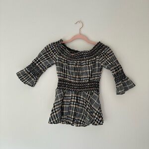 GANNI Black and tan plaid off the shoulder top